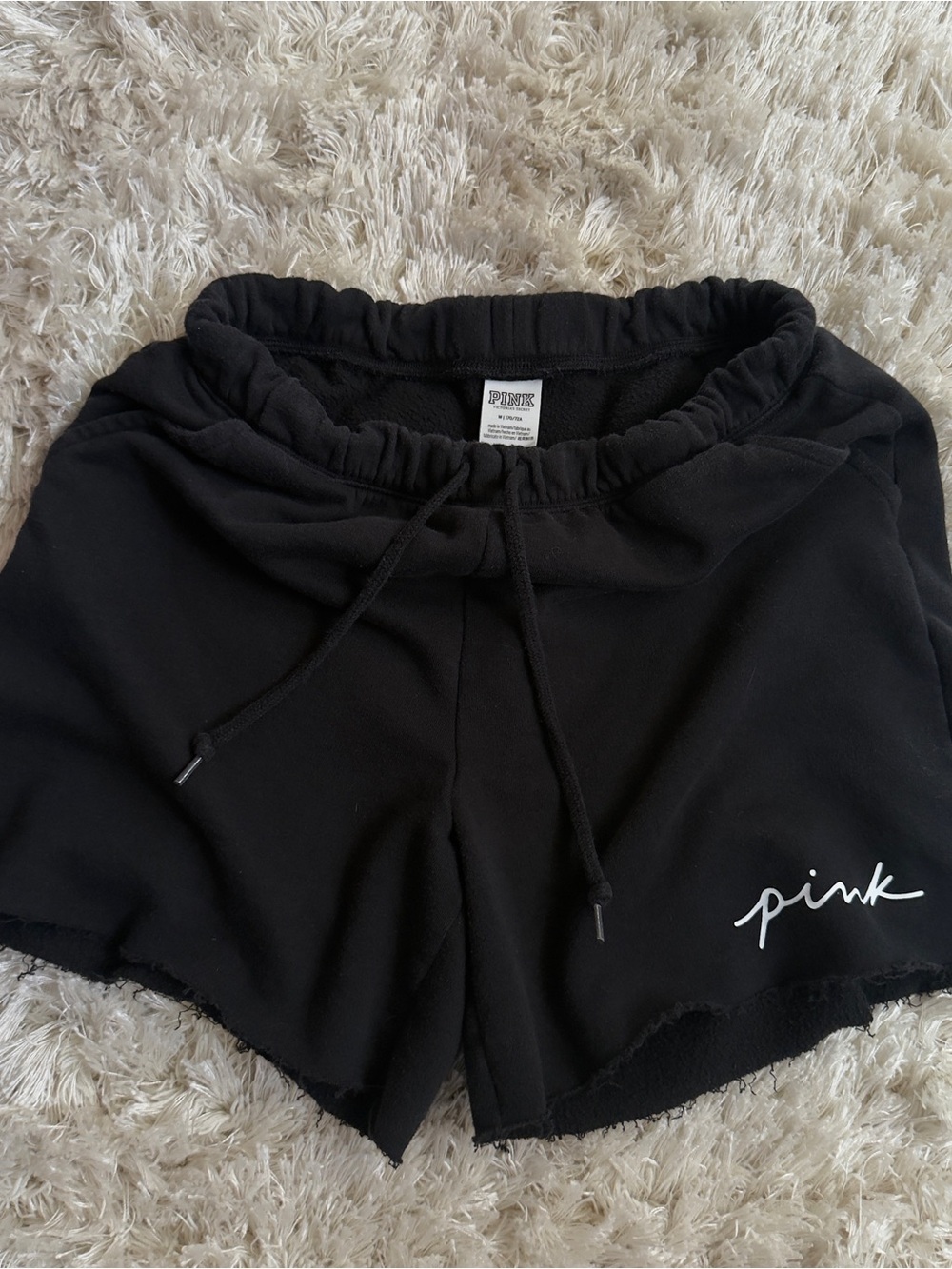 PINK Victoria’s Secret Black Raw Hem Sweat Shorts Sporty Cozy Streetwear Size M